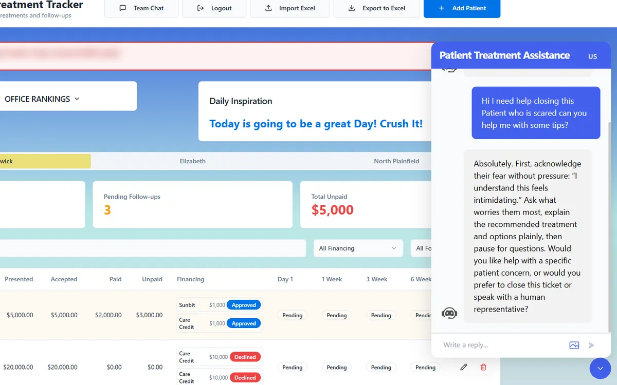 Assistant chat panel inside a custom patient treatment tracker, coaching a team member on how to talk with a nervous patient