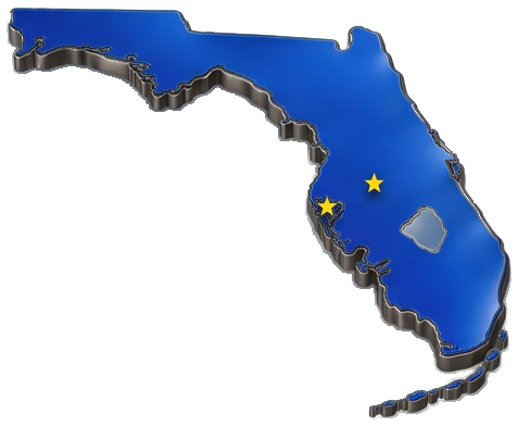Three-dimensional blue map of Florida with two gold stars, one on the Tampa Bay coast and one in Central Florida
