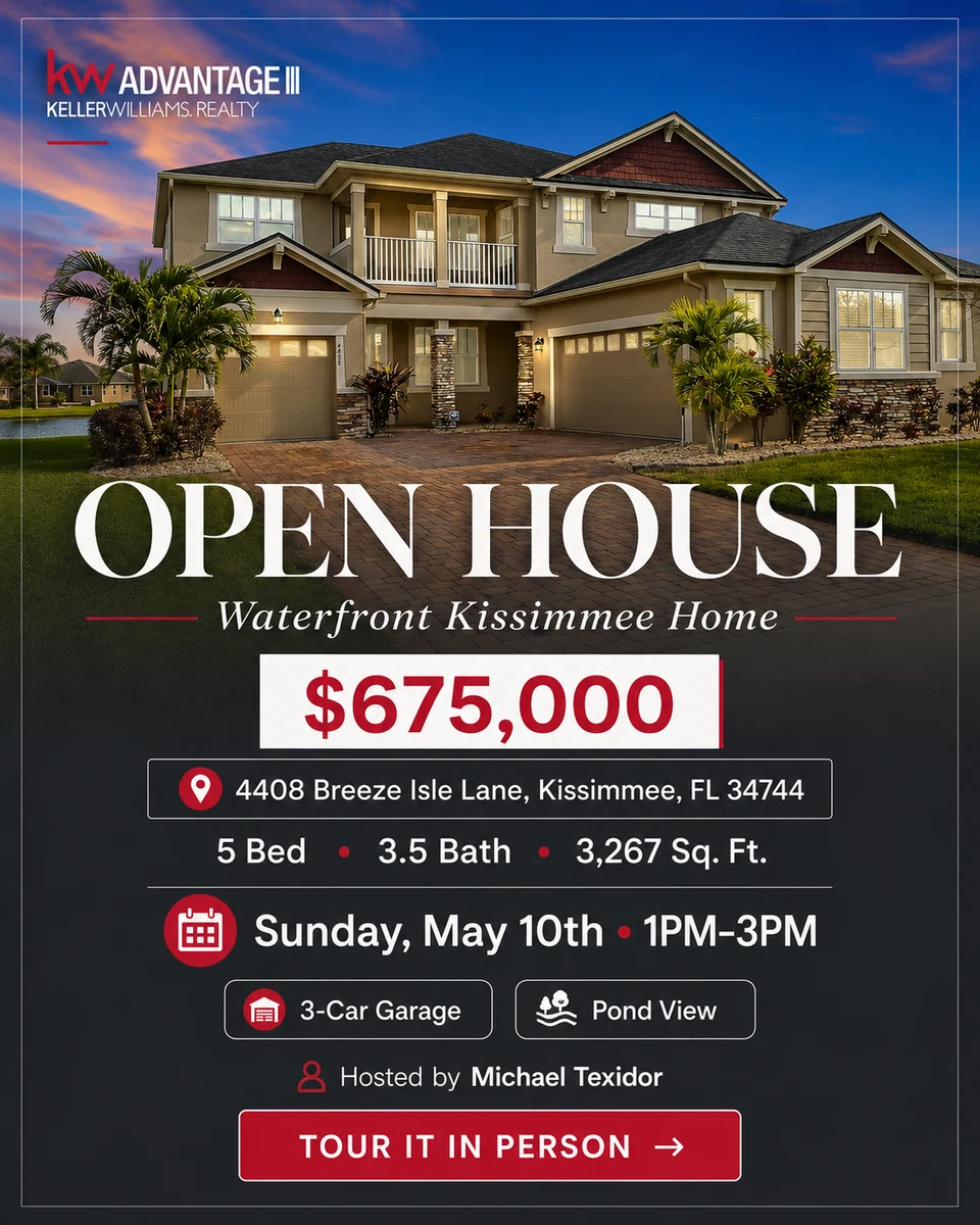 Open house social media graphic for a five-bedroom waterfront home in Kissimmee, Florida, listed at $675,000, with the address, open house date and time, and a Tour It in Person button