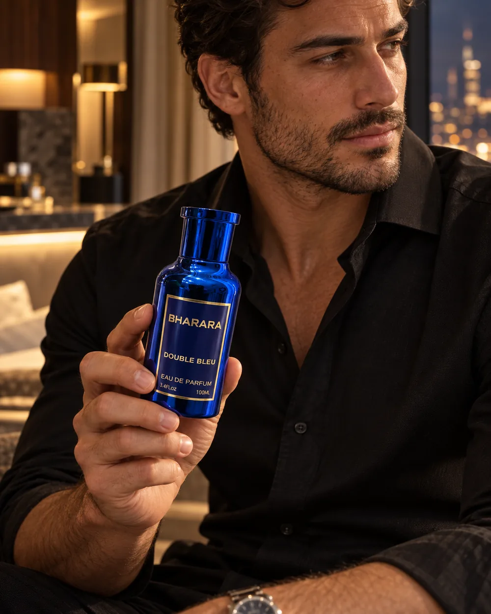 After: AI-assisted lifestyle image of a man in a black shirt holding the Bharara Double Bleu bottle in an evening penthouse setting