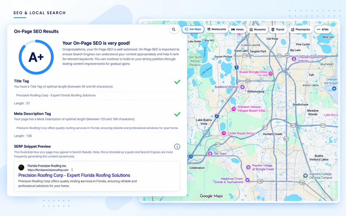 On-page SEO report with an A+ grade, passing title tag and meta description checks and a search result preview for Florida Precision Roofing, beside a Google Maps view of the Orlando area