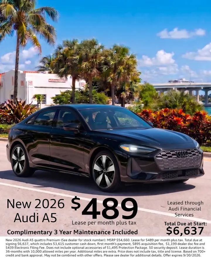 Social media graphic advertising a lease offer on a dark sedan parked by palm trees