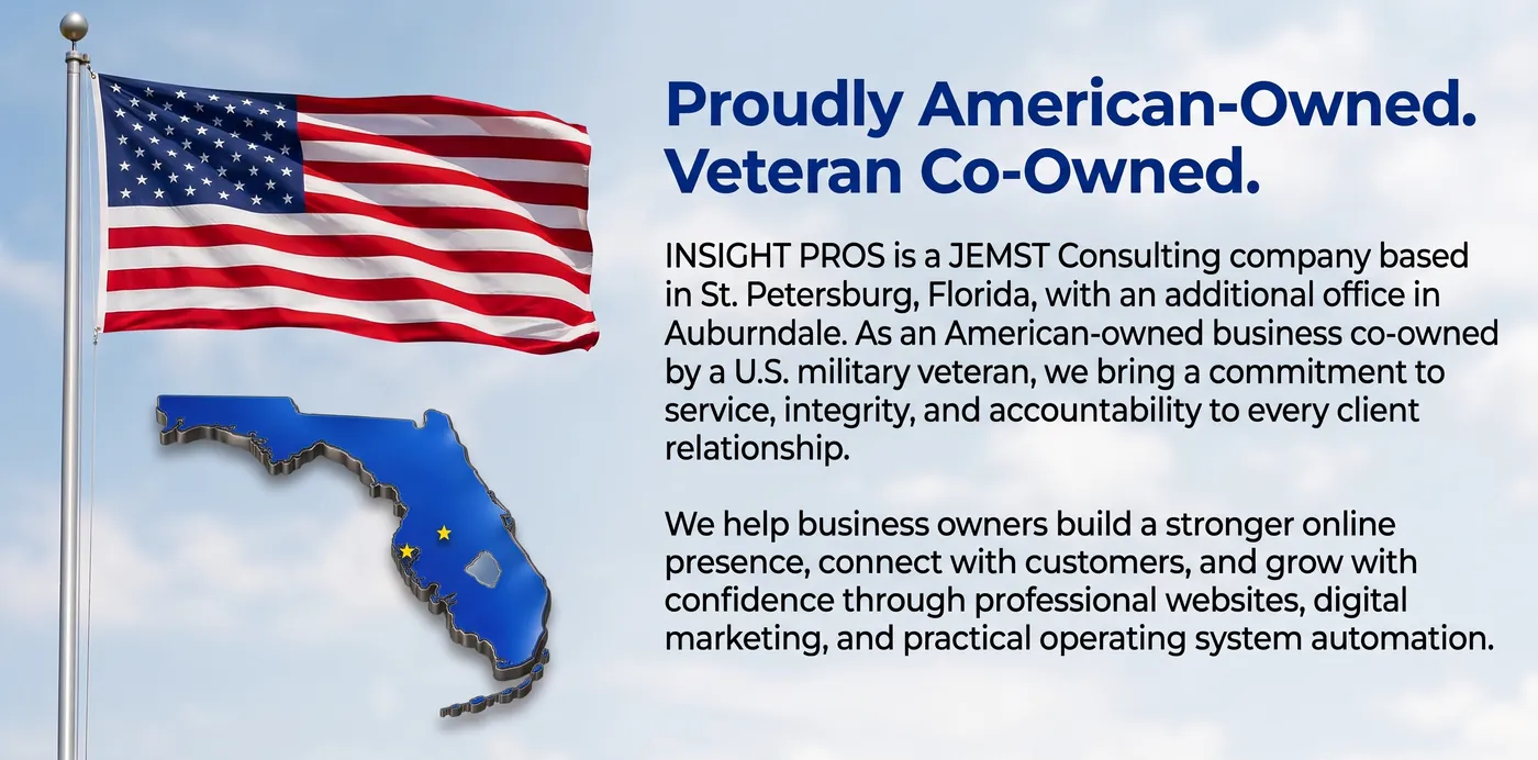 American flag and a blue map of Florida beside the words Proudly American-Owned, Veteran Co-Owned, describing Insight Pros as a JEMST Consulting company co-owned by a U.S. military veteran