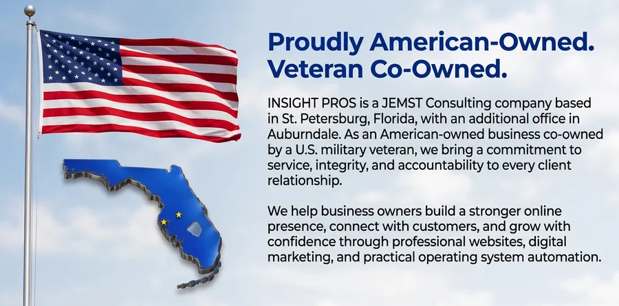 American flag and a blue map of Florida beside the words Proudly American-Owned, Veteran Co-Owned. Insight Pros is a JEMST Consulting company based in St. Petersburg, Florida, with an additional office in Auburndale, co-owned by a U.S. military veteran, helping business owners grow through professional websites, digital marketing and practical automation.