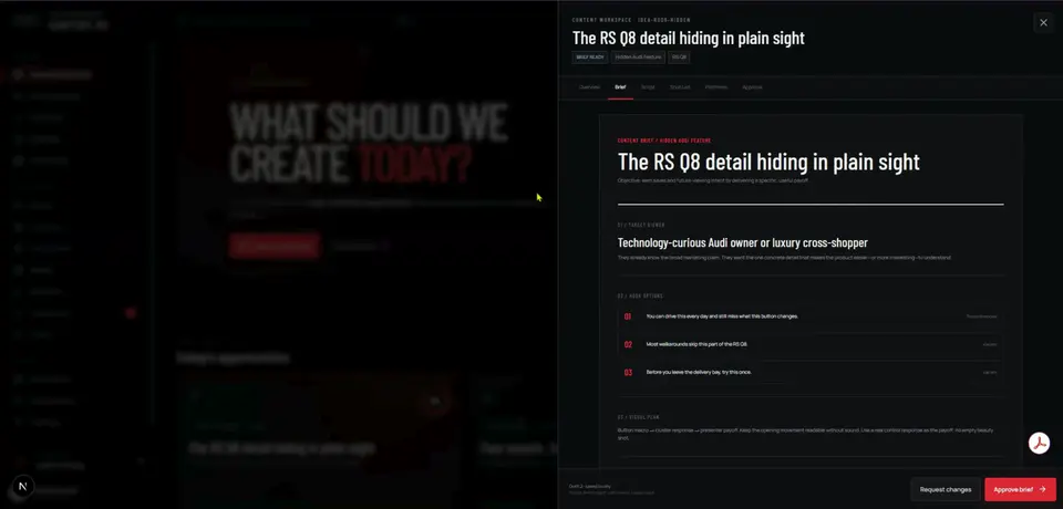 Concept content planning workspace with a dark interface listing upcoming video topics