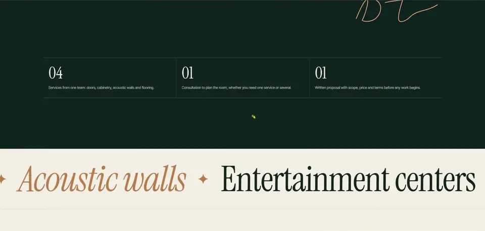 DT Custom Spaces website section listing acoustic walls and entertainment centers