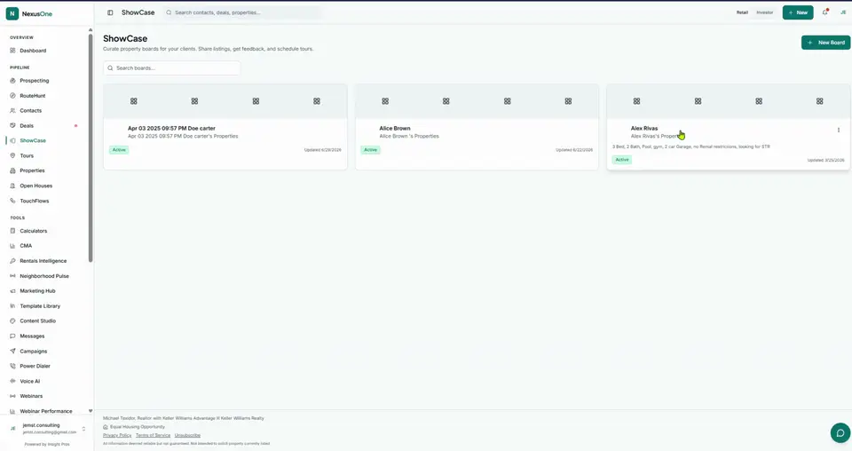 Concept real estate dashboard showing deal totals and a pipeline chart