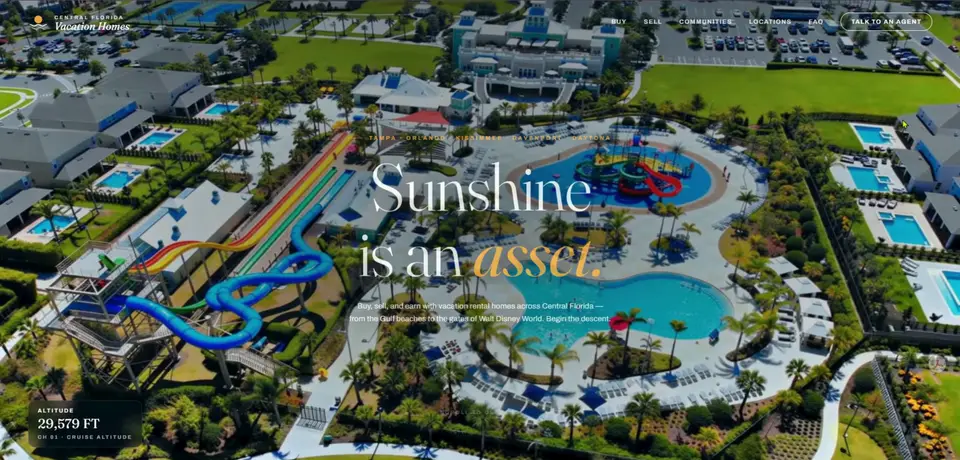Central Florida Vacation Homes website hero with an aerial photo of a resort water park